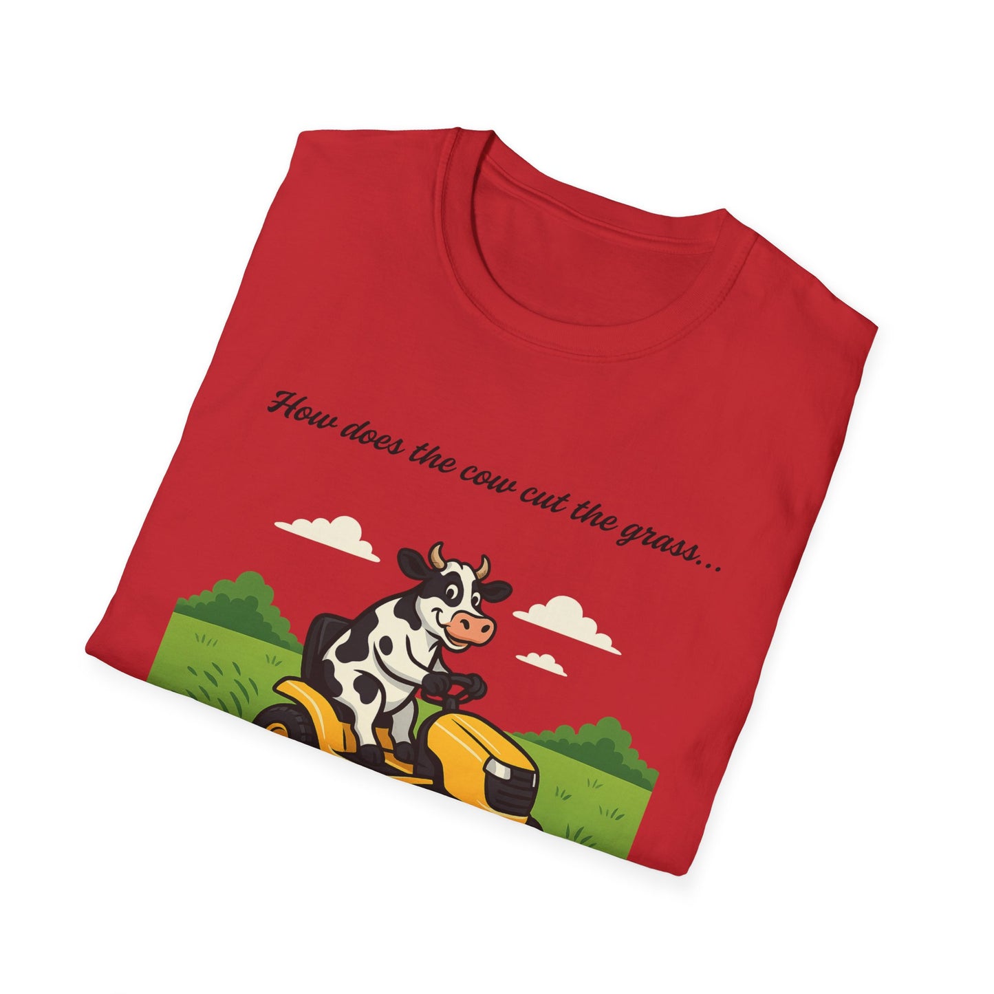 Cow Riding Lawnmower Graphic T-Shirt – “Now then the cow cut the grass…”