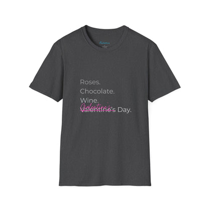 Valentine List T‑Shirt — “Roses. Chocolate. Wine. Valentine’s Day” Minimal Graphic Tee