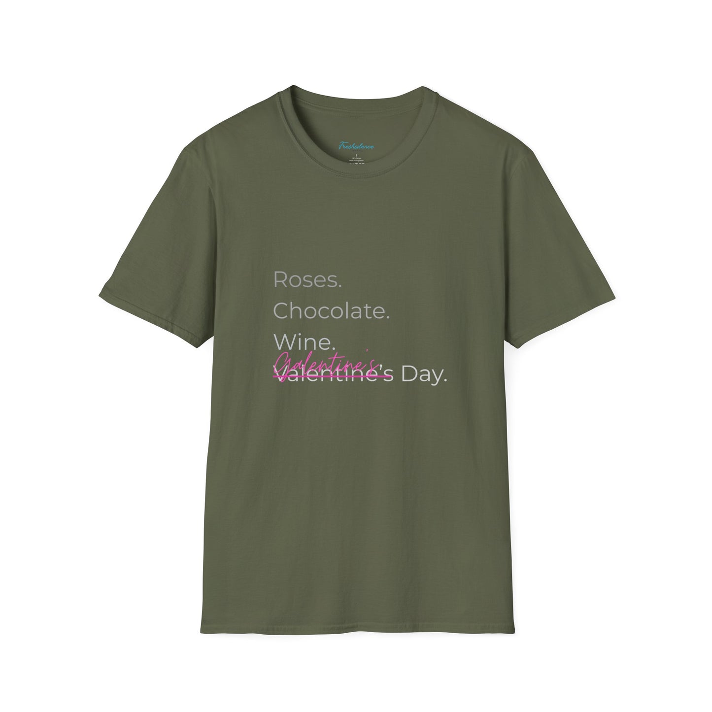 Valentine List T‑Shirt — “Roses. Chocolate. Wine. Valentine’s Day” Minimal Graphic Tee