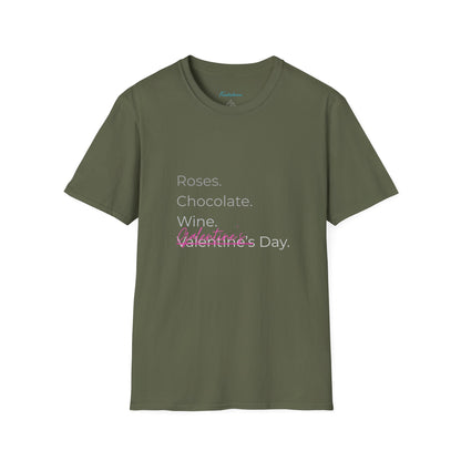 Valentine List T‑Shirt — “Roses. Chocolate. Wine. Valentine’s Day” Minimal Graphic Tee