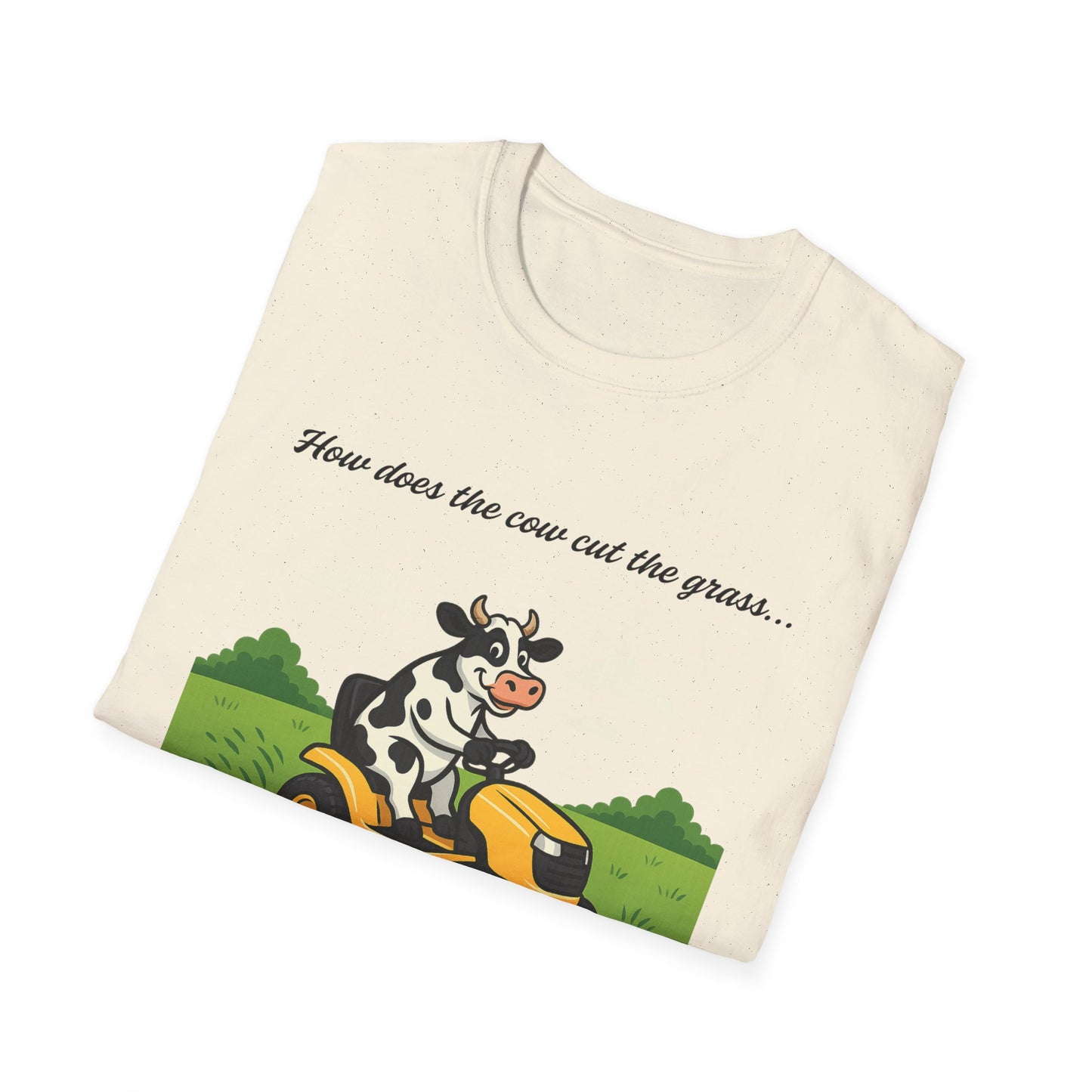 Cow Riding Lawnmower Graphic T-Shirt – “Now then the cow cut the grass…”