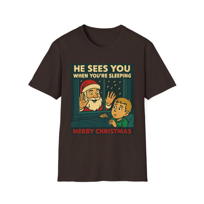 Christmas T-Shirt — "He Sees You When You're Sleeping" Vintage Santa Holiday Tee