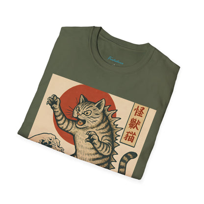 Vintage Japanese Kaiju Cat T-Shirt — Retro Wave & Great Wave Inspired Design