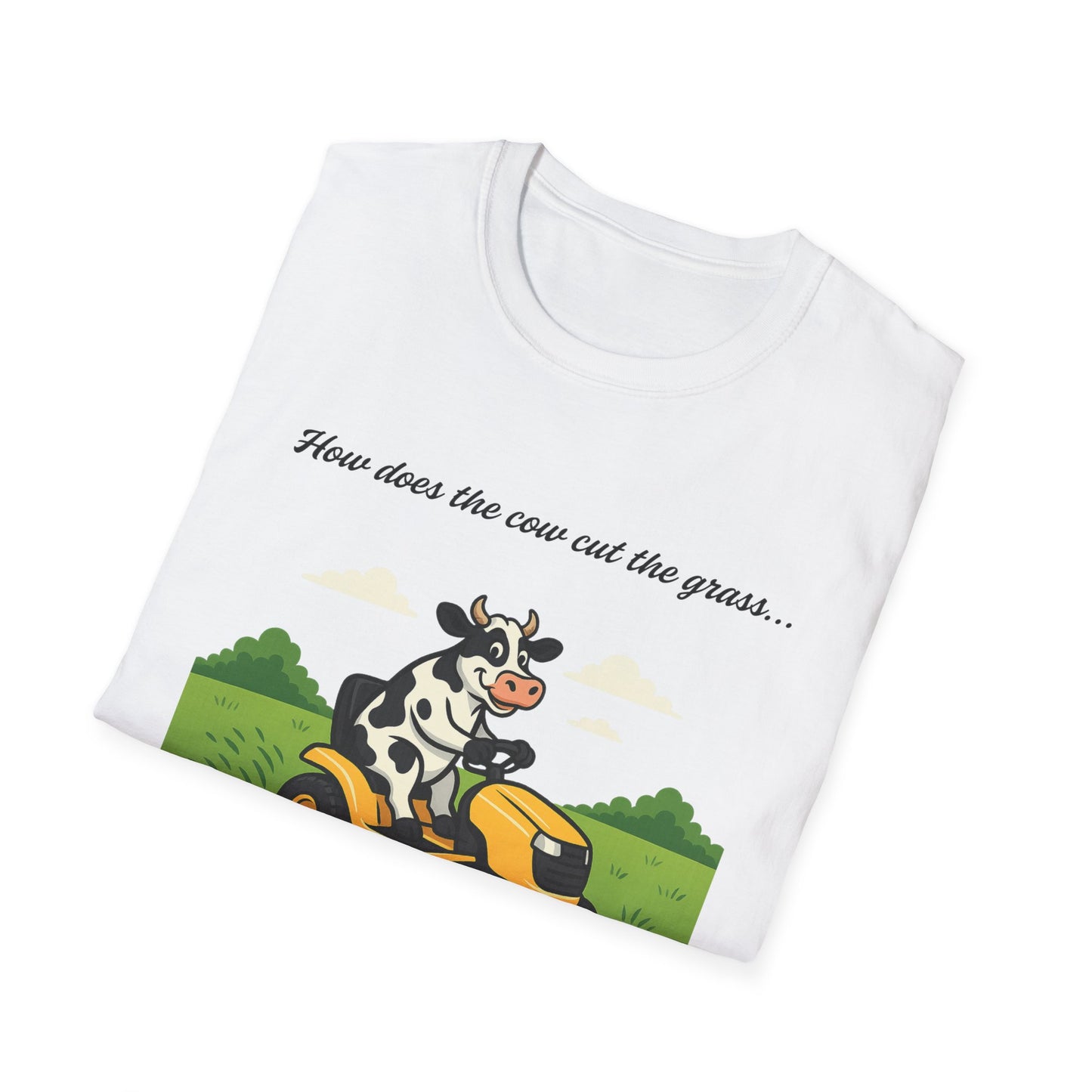 Cow Riding Lawnmower Graphic T-Shirt – “Now then the cow cut the grass…”