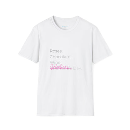 Valentine List T‑Shirt — “Roses. Chocolate. Wine. Valentine’s Day” Minimal Graphic Tee