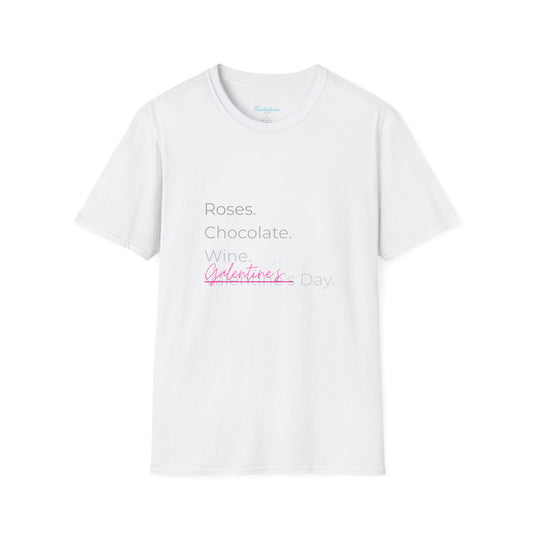 Valentine List T‑Shirt — “Roses. Chocolate. Wine. Valentine’s Day” Minimal Graphic Tee