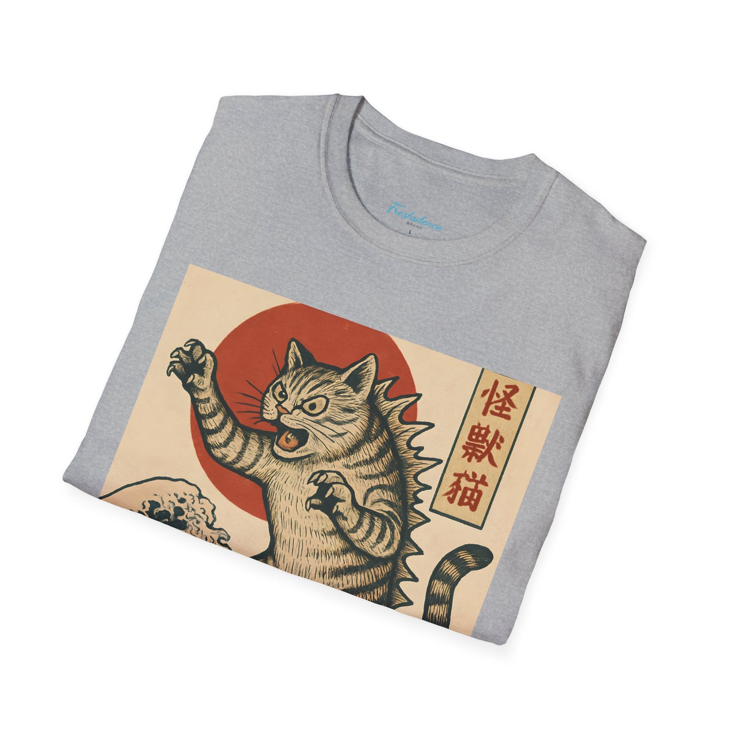 Vintage Japanese Kaiju Cat T-Shirt — Retro Wave & Great Wave Inspired Design