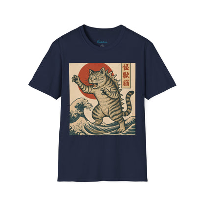Vintage Japanese Kaiju Cat T-Shirt — Retro Wave & Great Wave Inspired Design