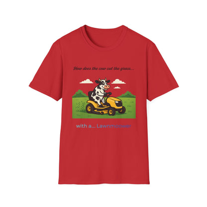 Cow Riding Lawnmower Graphic T-Shirt – “Now then the cow cut the grass…”