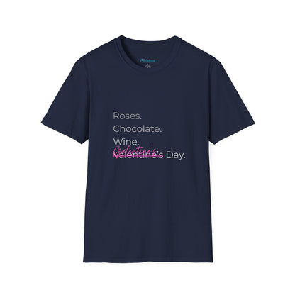 Valentine List T‑Shirt — “Roses. Chocolate. Wine. Valentine’s Day” Minimal Graphic Tee