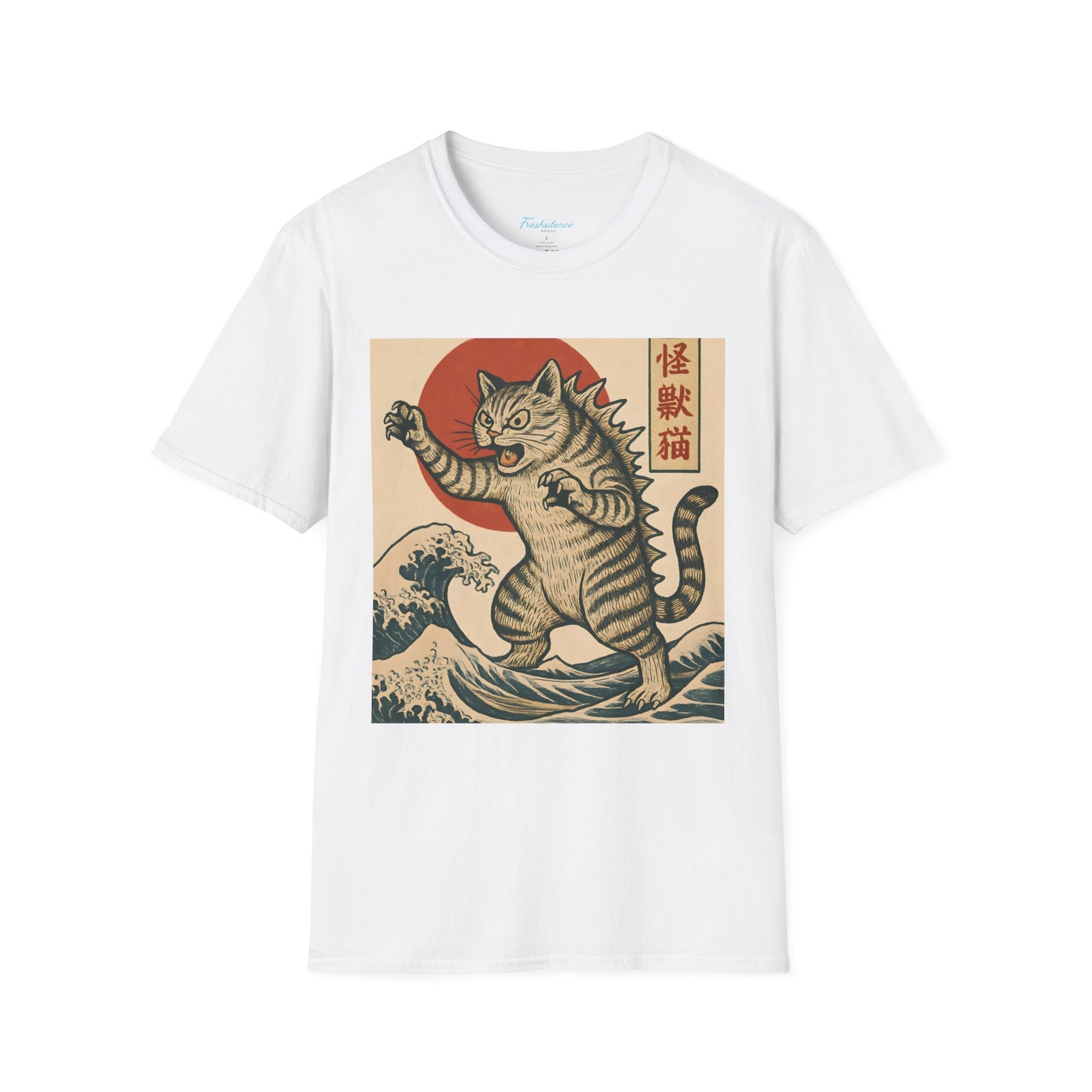 Vintage Japanese Kaiju Cat T-Shirt — Retro Wave & Great Wave Inspired Design