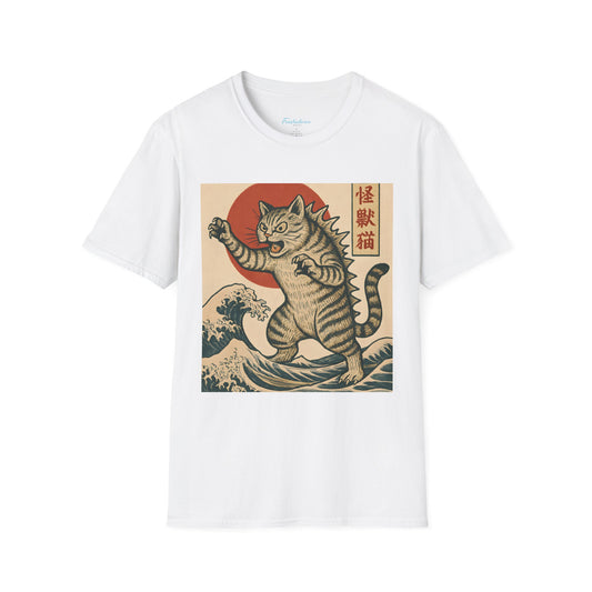 Vintage Japanese Kaiju Cat T-Shirt — Retro Wave & Great Wave Inspired Design