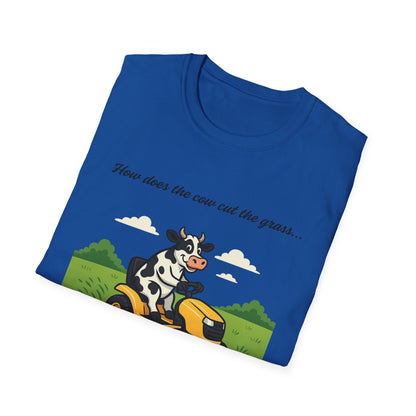 Cow Riding Lawnmower Graphic T-Shirt – “Now then the cow cut the grass…”