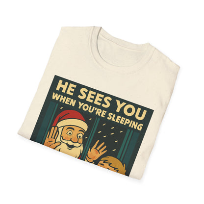 Christmas T-Shirt — "He Sees You When You're Sleeping" Vintage Santa Holiday Tee