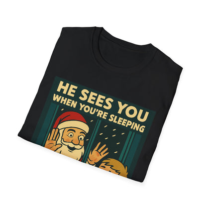 Christmas T-Shirt — "He Sees You When You're Sleeping" Vintage Santa Holiday Tee