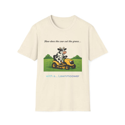Cow Riding Lawnmower Graphic T-Shirt – “Now then the cow cut the grass…”