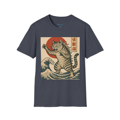 Vintage Japanese Kaiju Cat T-Shirt — Retro Wave & Great Wave Inspired Design