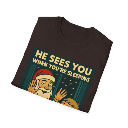 Christmas T-Shirt — "He Sees You When You're Sleeping" Vintage Santa Holiday Tee