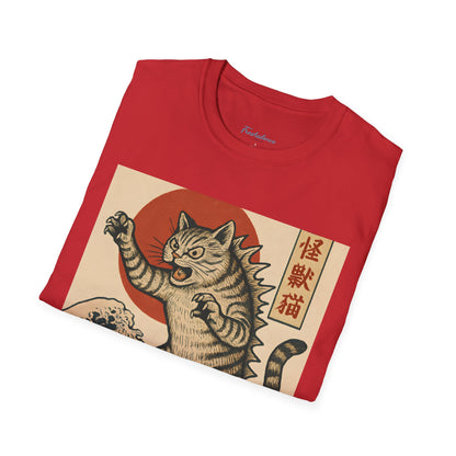 Vintage Japanese Kaiju Cat T-Shirt — Retro Wave & Great Wave Inspired Design