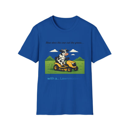 Cow Riding Lawnmower Graphic T-Shirt – “Now then the cow cut the grass…”