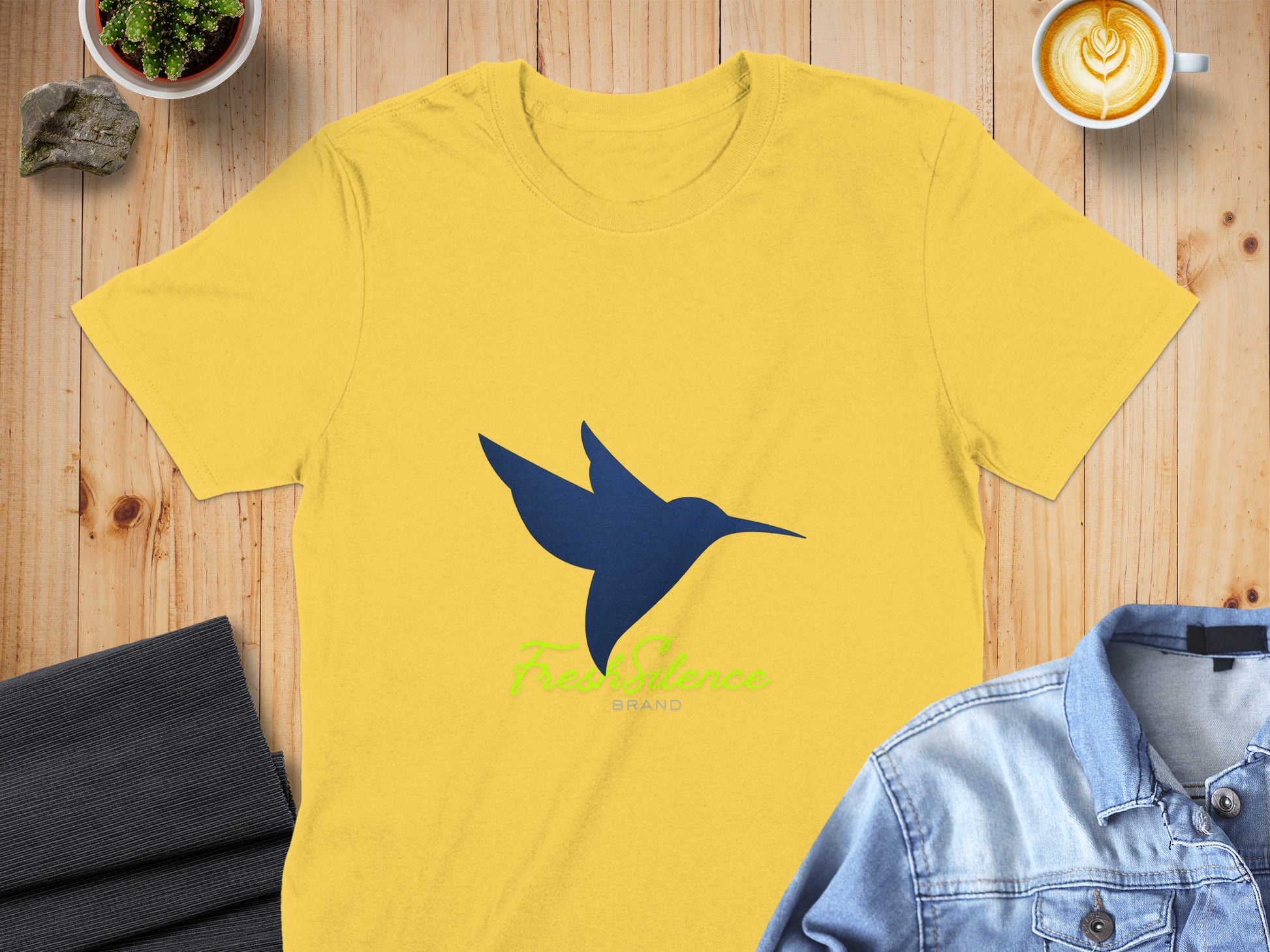 Yellow T-Shirt with Blue Hummingbird Print Design
