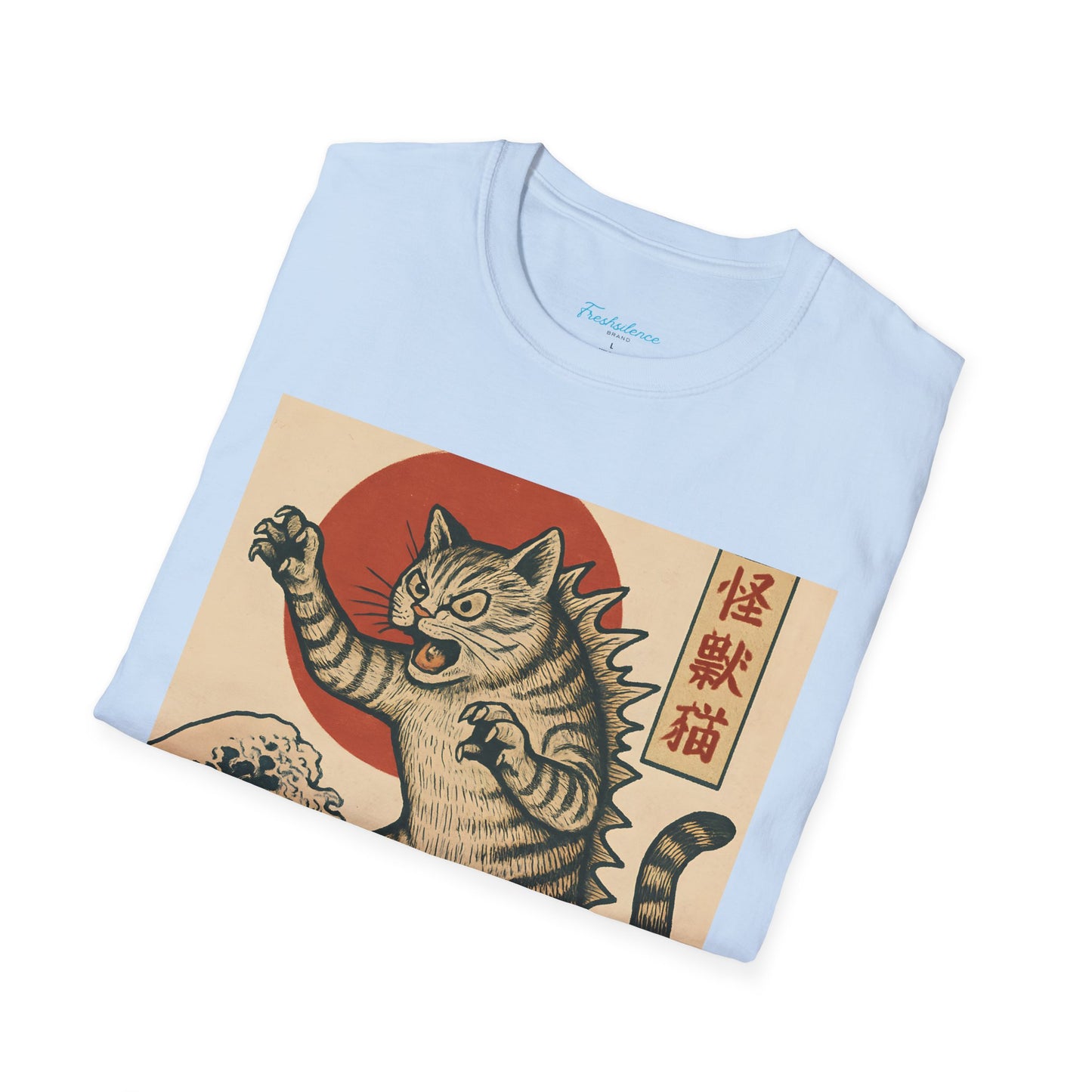Vintage Japanese Kaiju Cat T-Shirt — Retro Wave & Great Wave Inspired Design