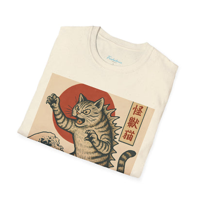 Vintage Japanese Kaiju Cat T-Shirt — Retro Wave & Great Wave Inspired Design