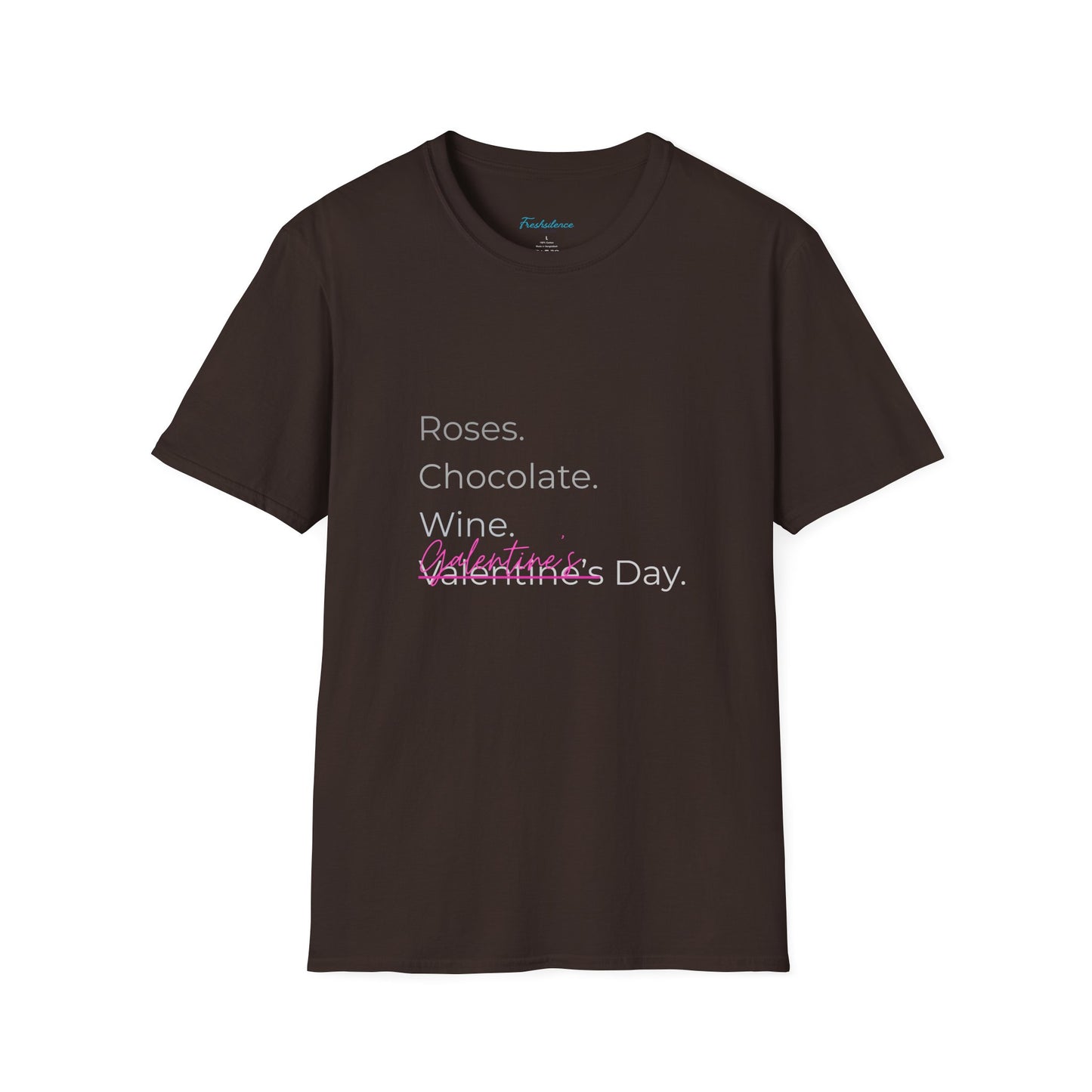 Valentine List T‑Shirt — “Roses. Chocolate. Wine. Valentine’s Day” Minimal Graphic Tee