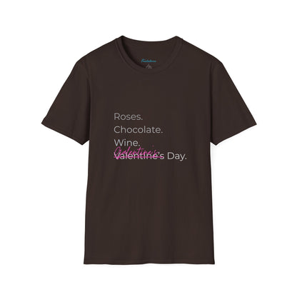 Valentine List T‑Shirt — “Roses. Chocolate. Wine. Valentine’s Day” Minimal Graphic Tee