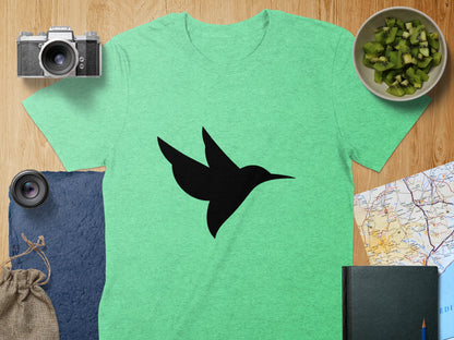Vibrant Green Tee with Stylish Black Hummingbird Design