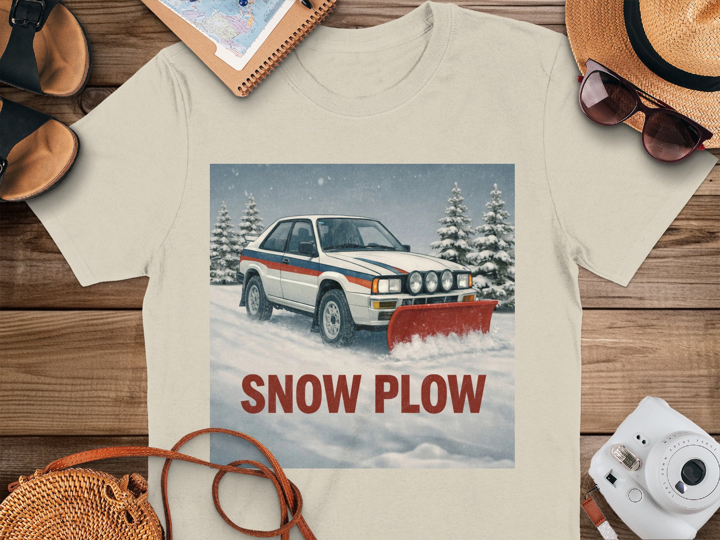 Retro Snow Plow Car in Winter Scene T-Shirt