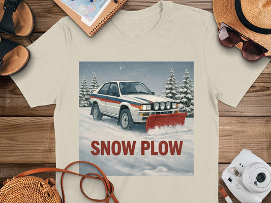 Retro Snow Plow Car in Winter Scene T-Shirt