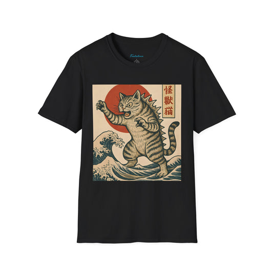 Vintage Japanese Kaiju Cat T-Shirt — Retro Wave & Great Wave Inspired Design