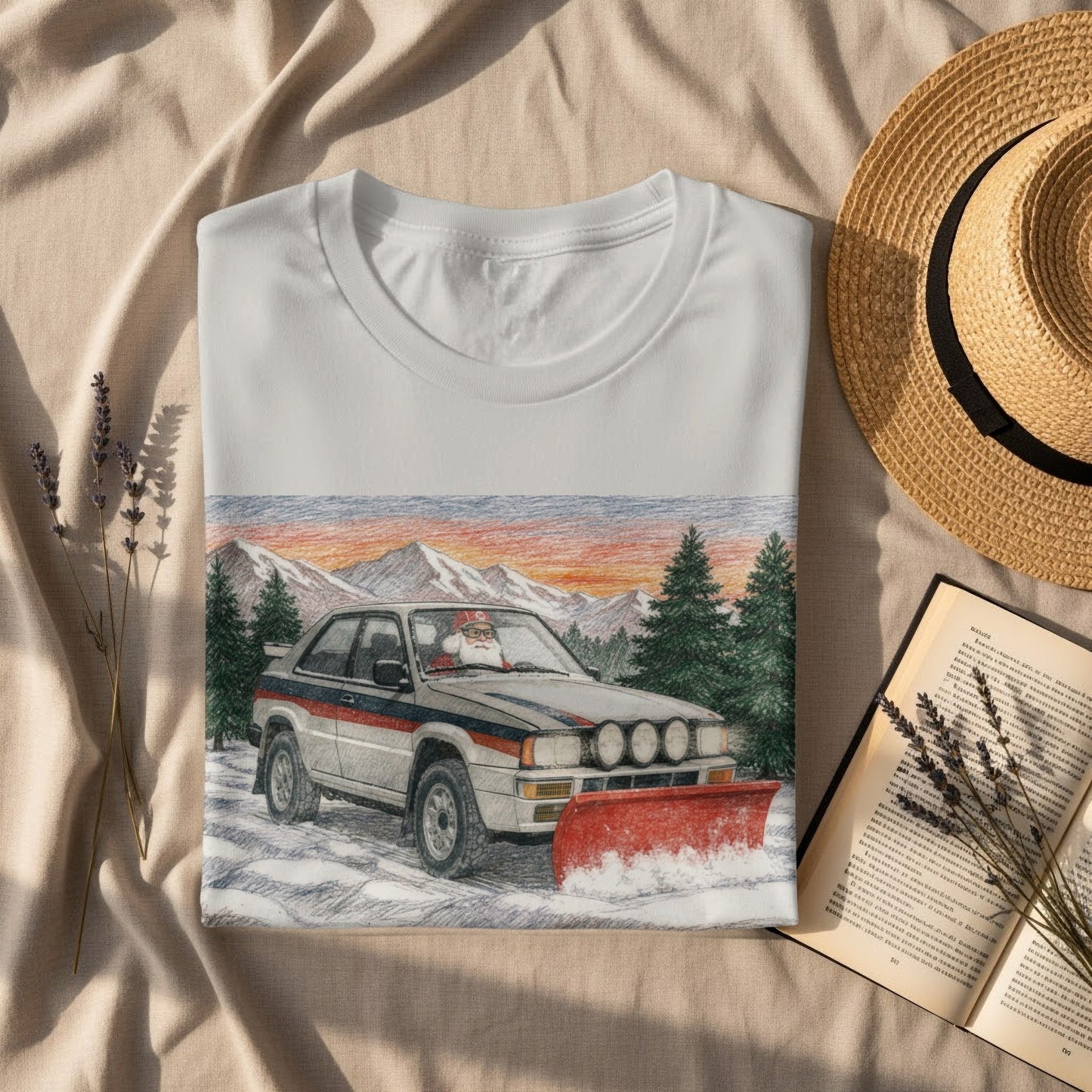 Vintage Car with Snow Plow Design on T-Shirt Product