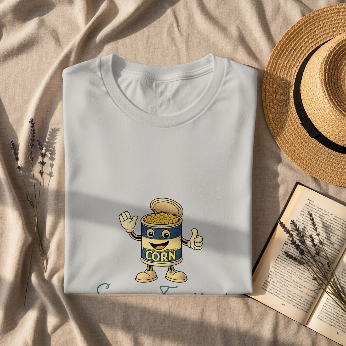 Corn Character Cartoon Design on White T-Shirt