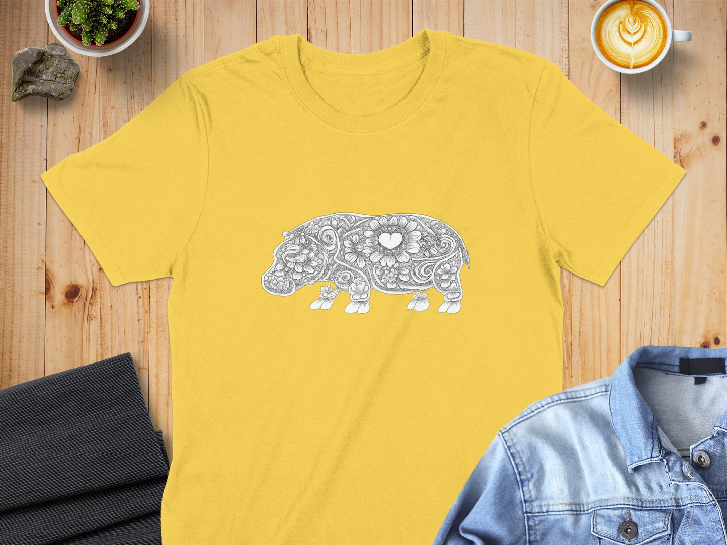 Unique Mandala Hippo Design on Yellow T-Shirt