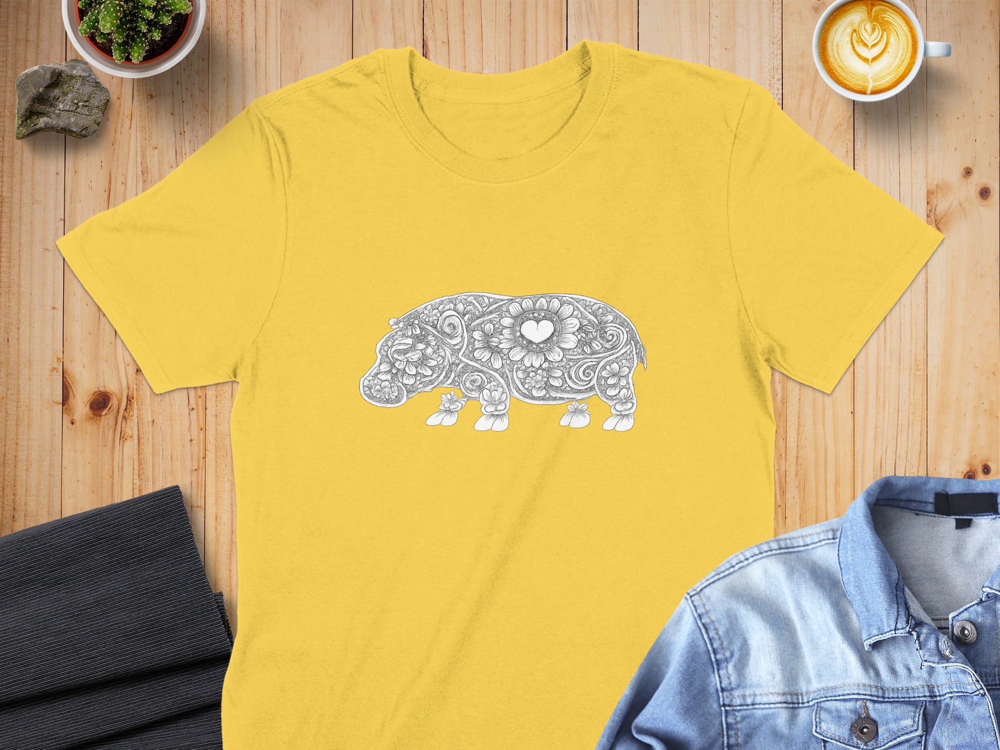 Unique Mandala Hippo Design on Yellow T-Shirt