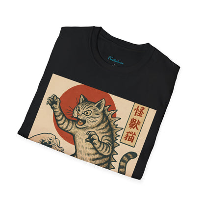 Vintage Japanese Kaiju Cat T-Shirt — Retro Wave & Great Wave Inspired Design