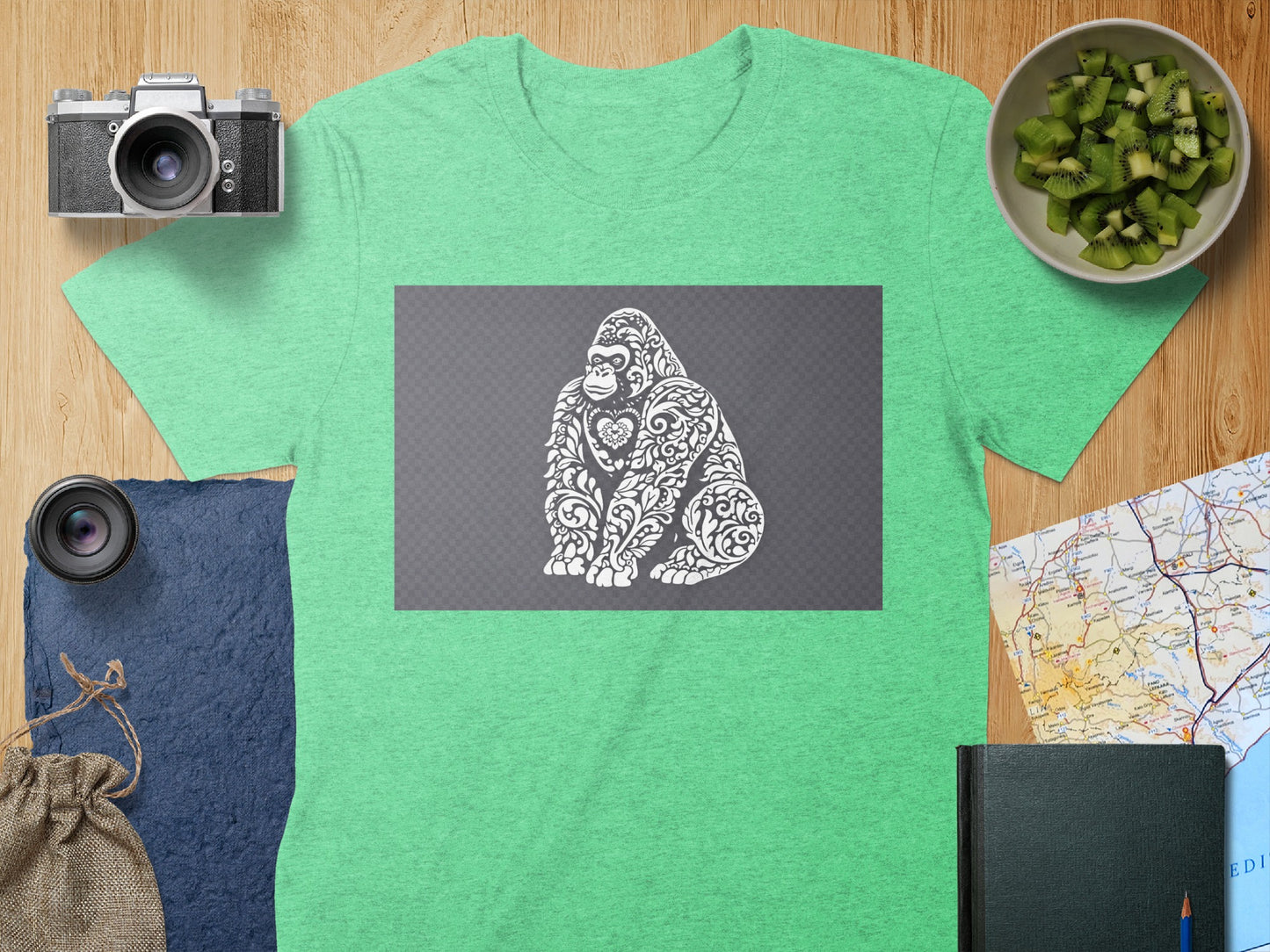 Artistic Gorilla Design on Green Shirt