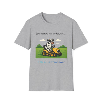 Cow Riding Lawnmower Graphic T-Shirt – “Now then the cow cut the grass…”