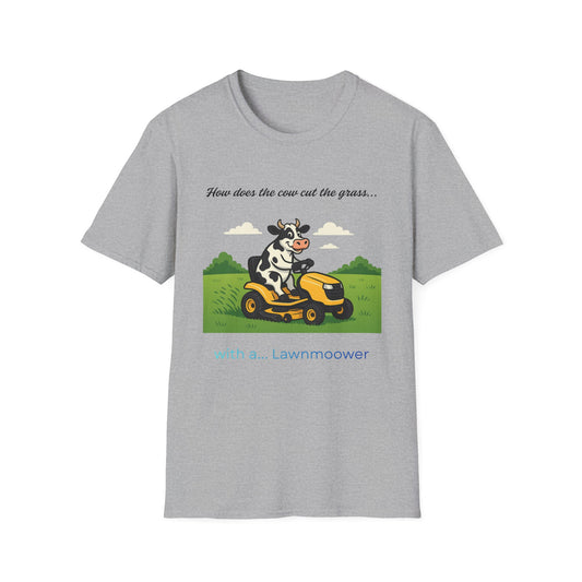 Cow Riding Lawnmower Graphic T-Shirt – “Now then the cow cut the grass…”