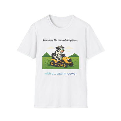Cow Riding Lawnmower Graphic T-Shirt – “Now then the cow cut the grass…”