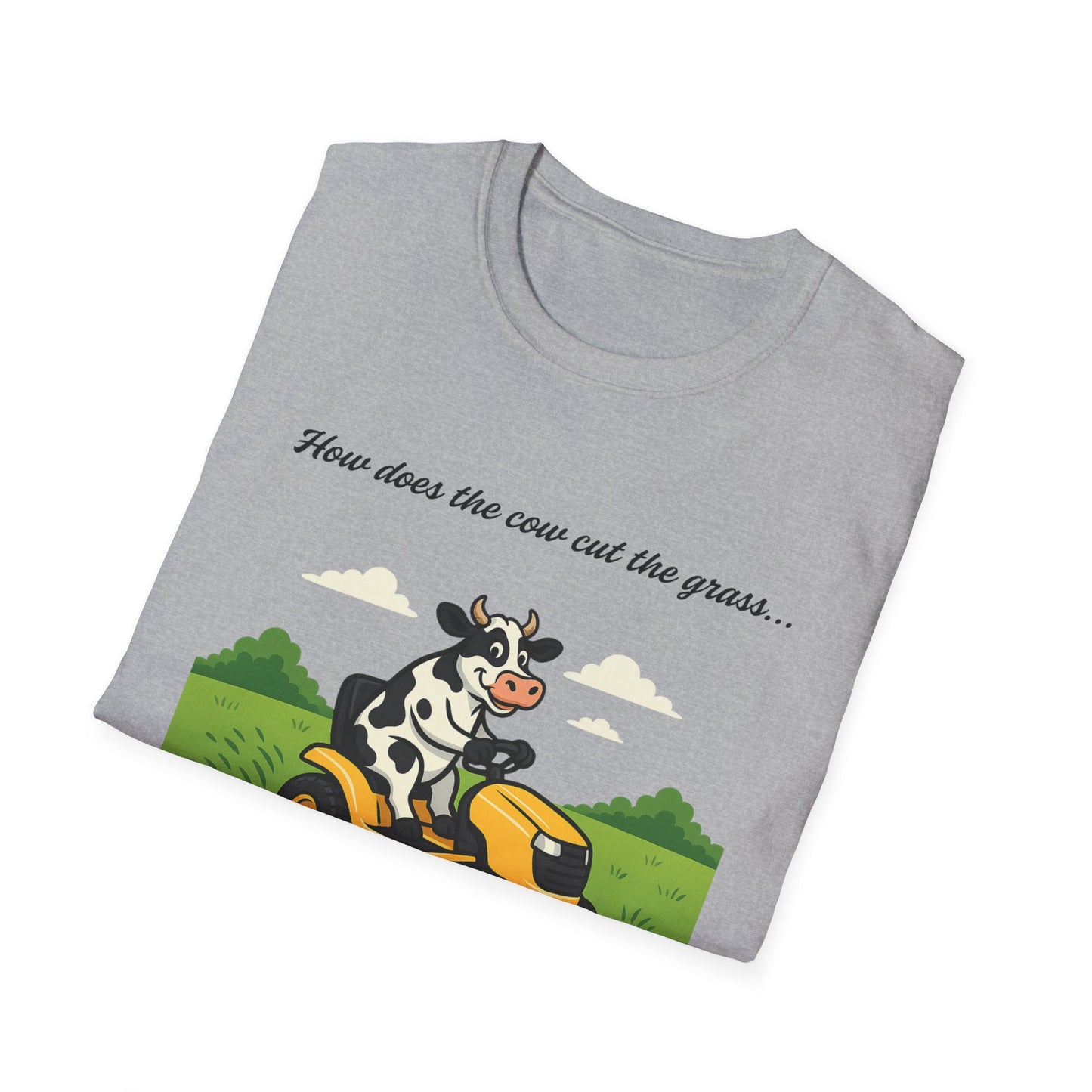 Cow Riding Lawnmower Graphic T-Shirt – “Now then the cow cut the grass…”