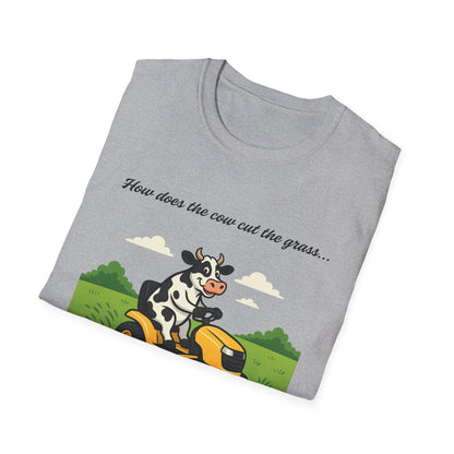 Cow Riding Lawnmower Graphic T-Shirt – “Now then the cow cut the grass…”
