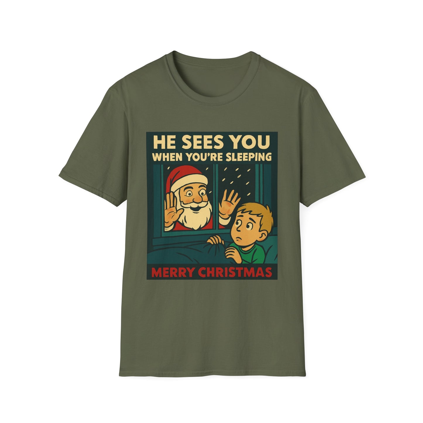 Christmas T-Shirt — "He Sees You When You're Sleeping" Vintage Santa Holiday Tee