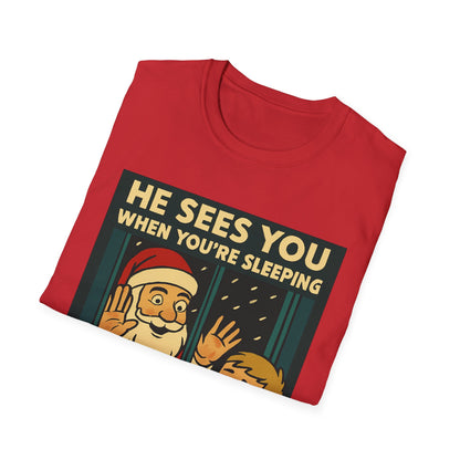 Christmas T-Shirt — "He Sees You When You're Sleeping" Vintage Santa Holiday Tee