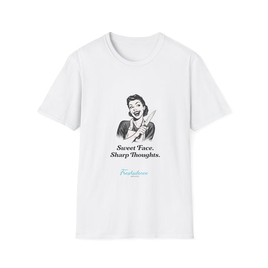 T-Shirt — "Sweet Face, Sharp Thoughts" Retro Kitchen Knife Graphic