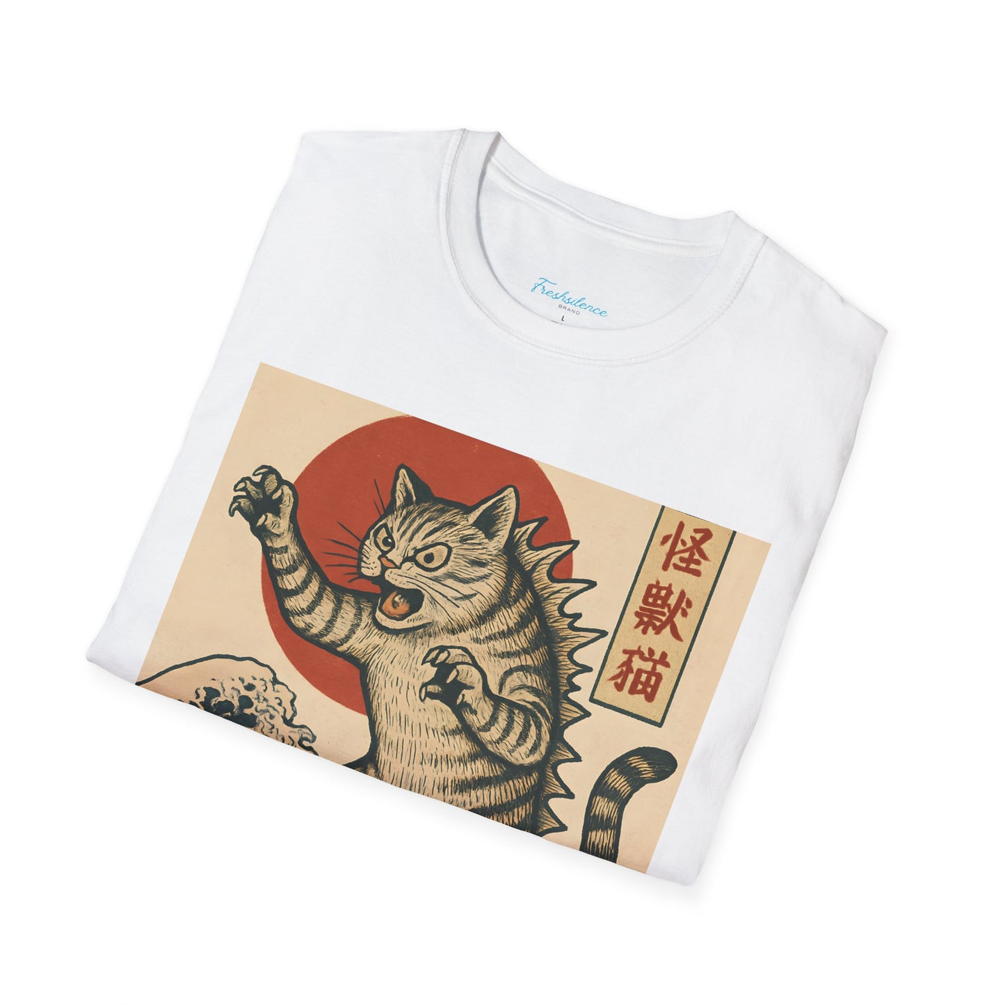 Vintage Japanese Kaiju Cat T-Shirt — Retro Wave & Great Wave Inspired Design