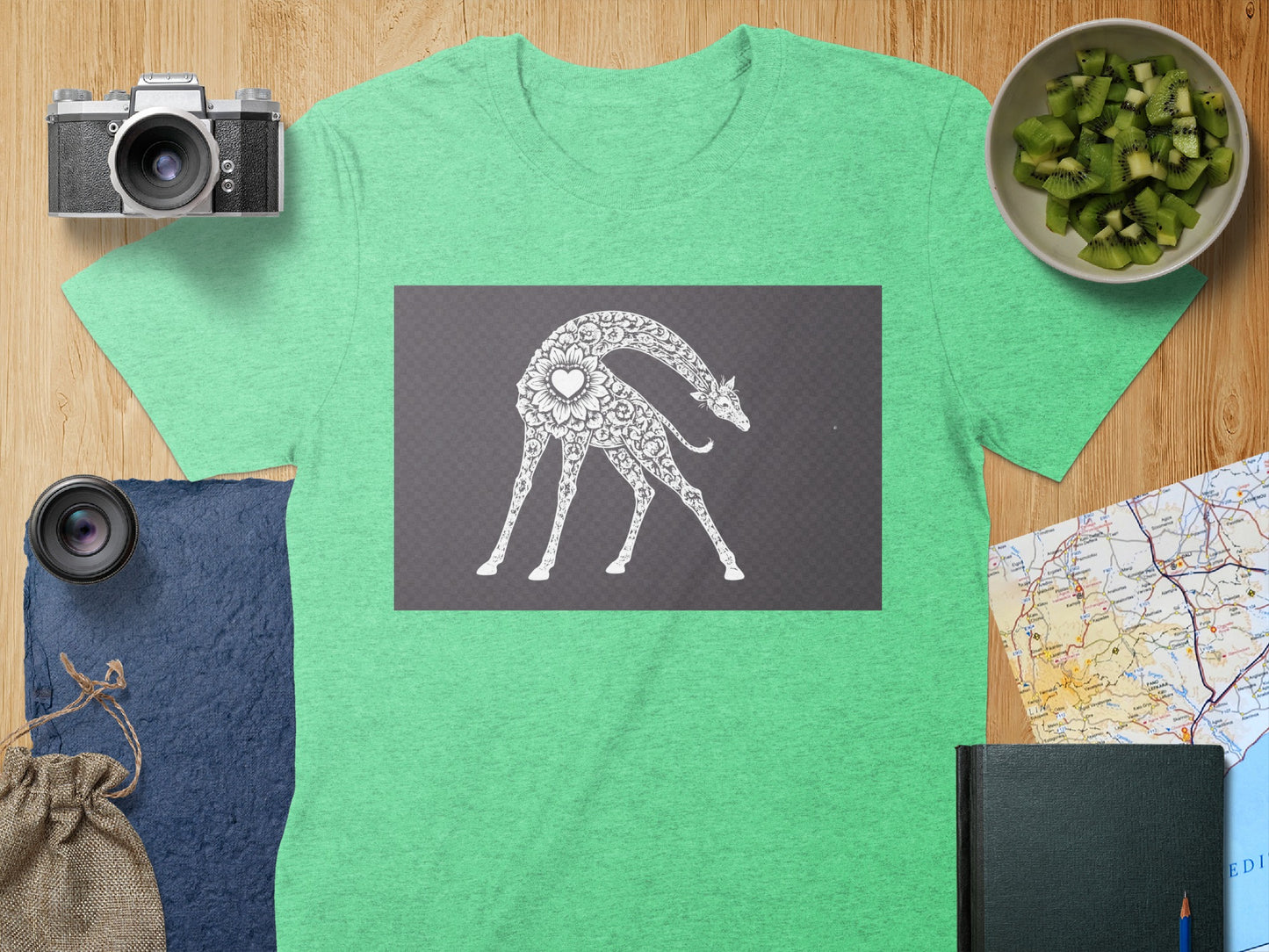 Unique Giraffe Design on Green Short Sleeve T-shirt