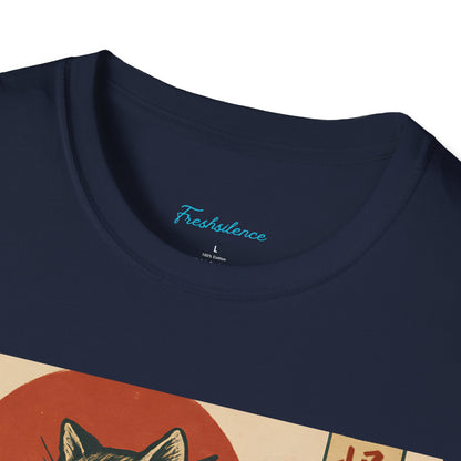 Vintage Japanese Kaiju Cat T-Shirt — Retro Wave & Great Wave Inspired Design